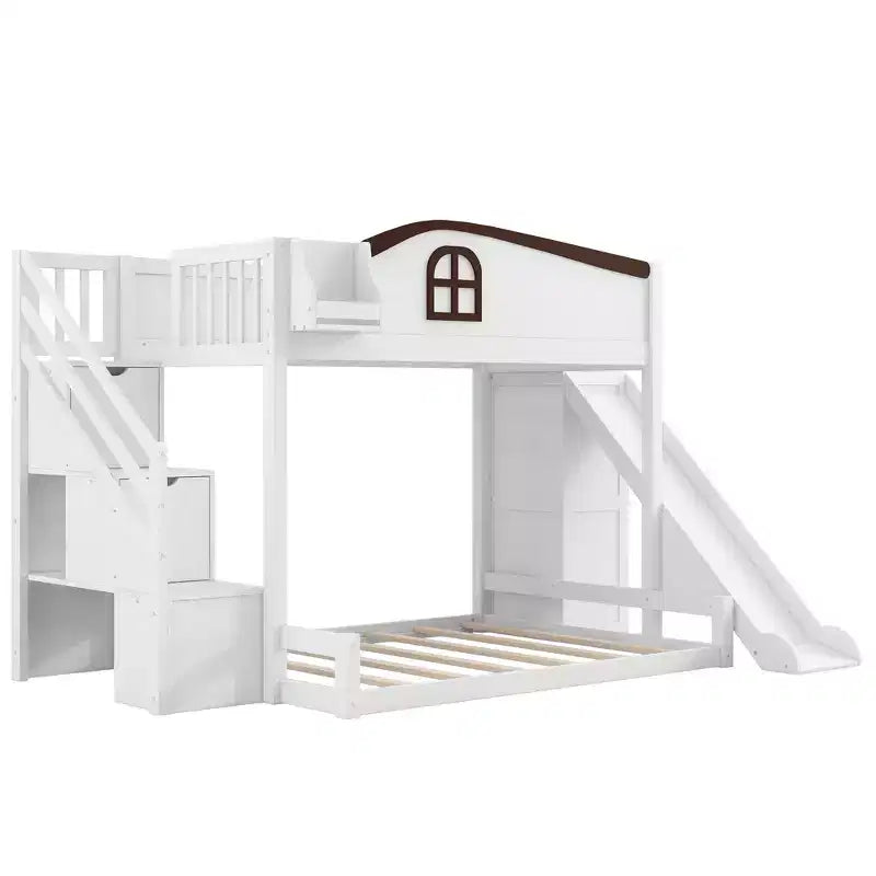 Etagenbett (90x200 cm oben / 140x200 cm unten) mit Rutsche, Regalen, Treppe mit Stauraum und Kleiderschrank für das Kinderzimmer