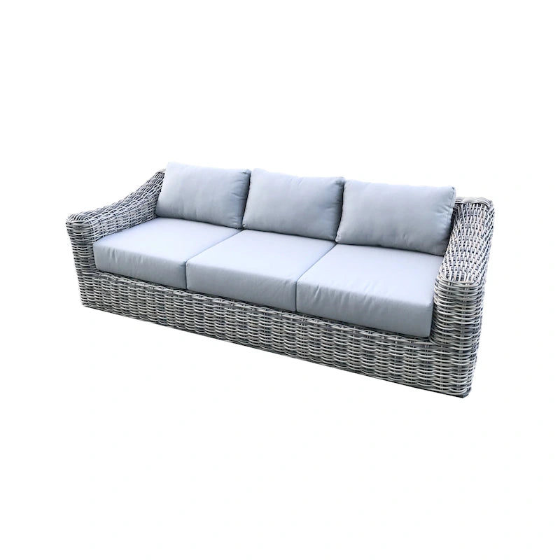 Teva Hawaii Dreifarbiges Gartenmöbel-Sofa aus Korbgeflecht in Grau/Cremeweiß/Beige mit Kissen