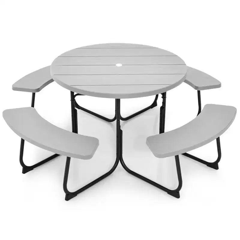 Costway Outdoor 8-Personen-Rund-Picknicktisch-Bank-Set mit 4 Bänken & Sonnenschirmloch Schwarz/Grau/Grün/Weiß