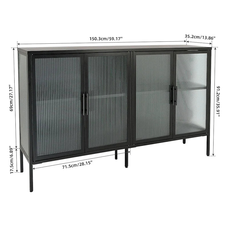 Stilvoller 4-türiger Vitrinenschrank aus gehärtetem Glas, 4 Glastüren, verstellbares Einlegeboden