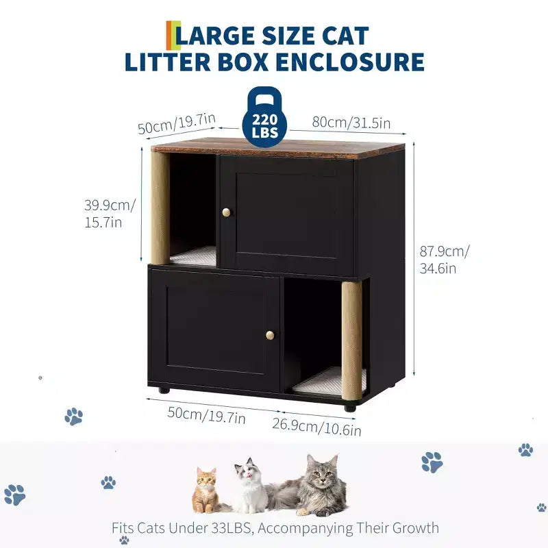 Katzentoiletten-Gehäuse mit zwei Kammern, verstecktes Katzentoiletten-Möbel mit Kratzstämmen und doppellagigen Streumatten für das Zuhause