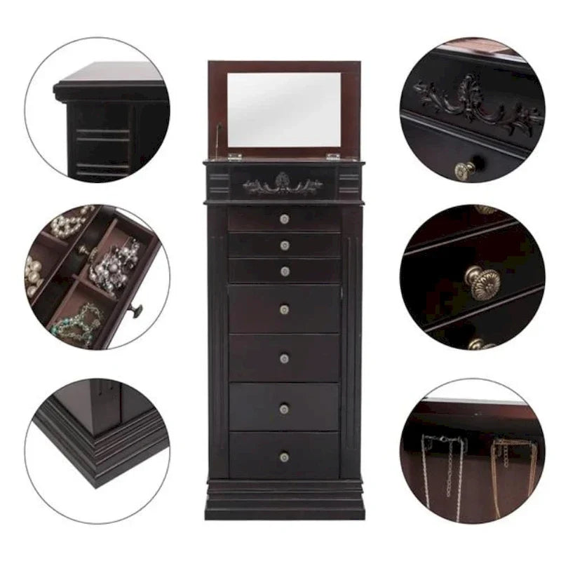 Stilvoller Schmuckschrank mit Spiegel und Kettenhaken - 18,5 x 12 x 42