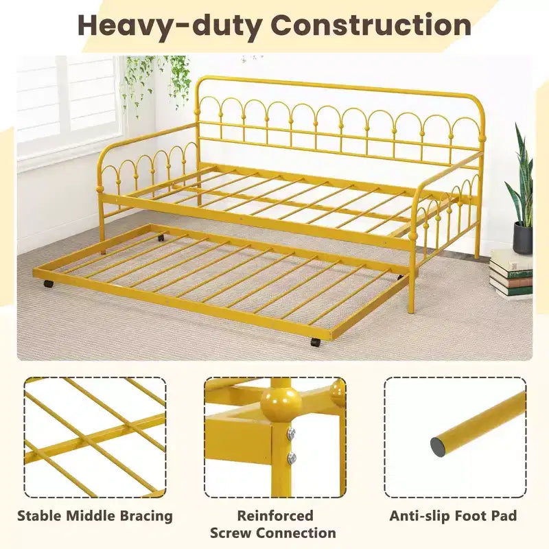 Costway Metall-Tagesbett in Einzelgröße mit ausziehbarem Unterbett, platzloses Schlafsofa, feststellbare Rollen, Gold