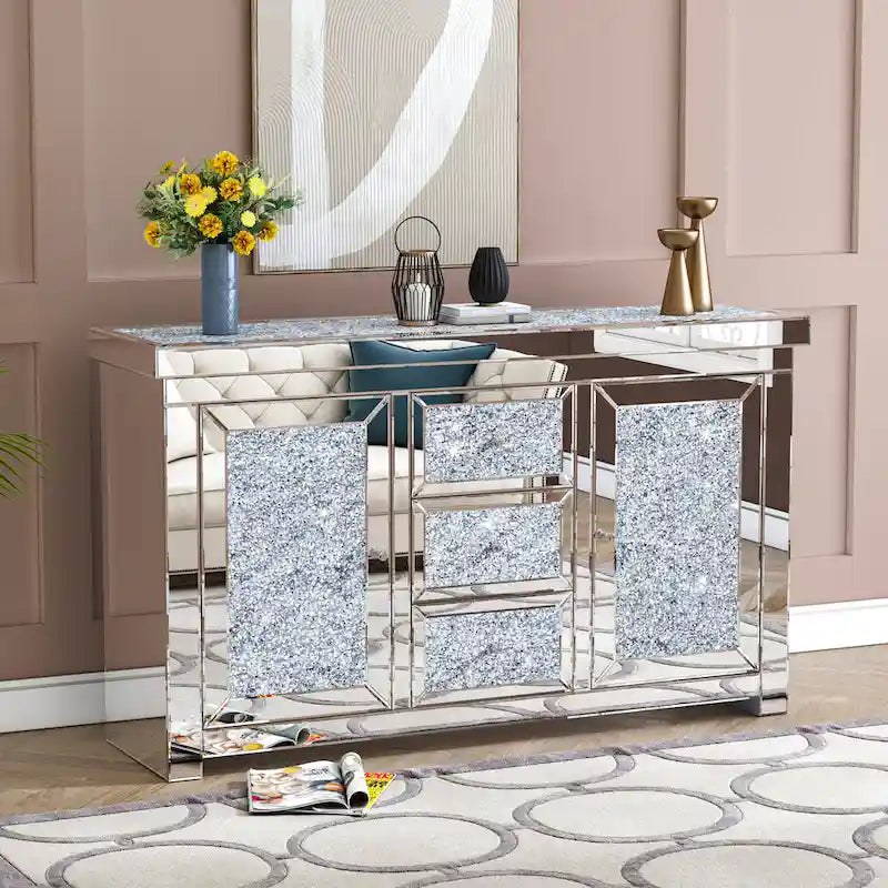 Glamour-Spiegel-Anrichte mit Diamantmuster und 3 Schubladen