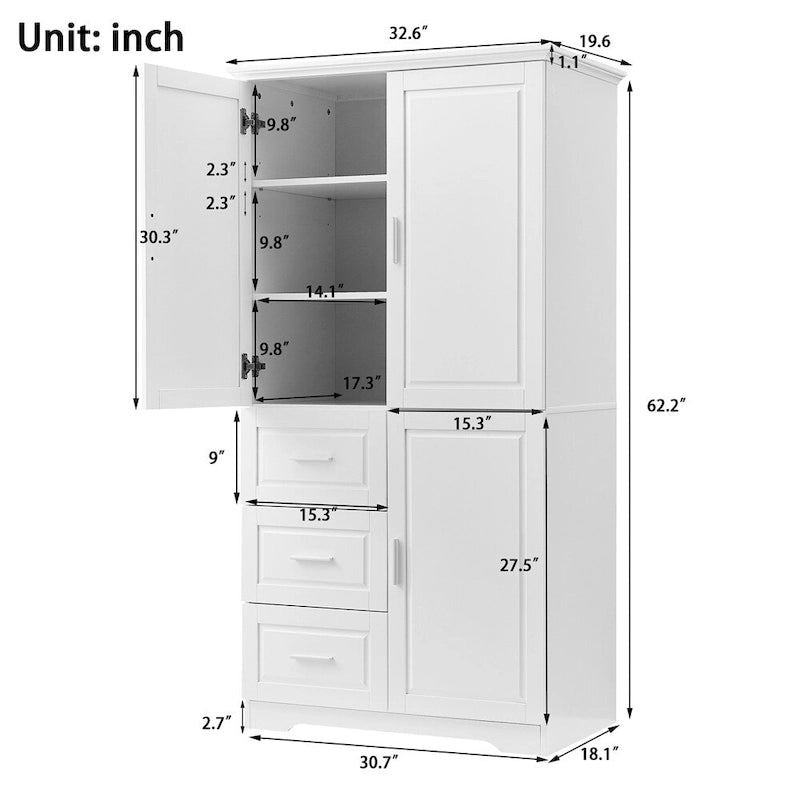 Hoher und breiter Badezimmerschrank mit Türen, drei Schubladen