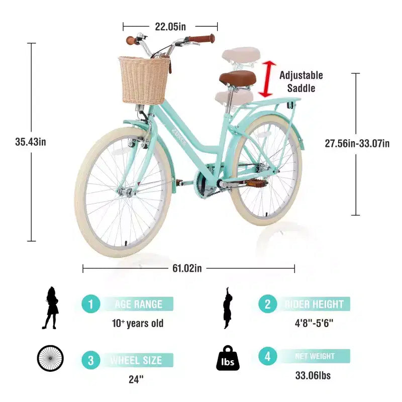NAYSAYE 24 Zoll Mädchen-Cruiser-Fahrrad, Speed-Hybrid-Citybike für Jugendliche von 7-10+ Jahren mit Weidenkorb & Gepäckträger, Kinderfahrrad