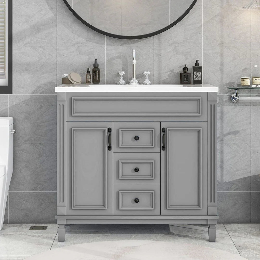 36" Moderner Badezimmer-Waschtisch mit Aufsatzwaschbecken und Spiegelschrank, 2 Türen und 2 Schubladen