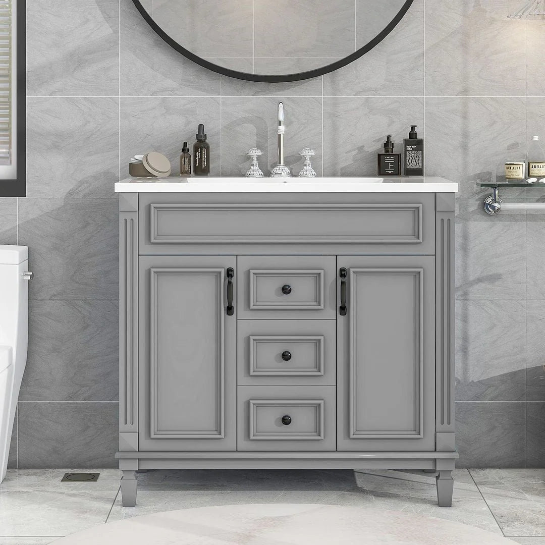 36" Moderner Badezimmer-Waschtisch mit Aufsatzwaschbecken und Spiegelschrank, 2 Türen und 2 Schubladen