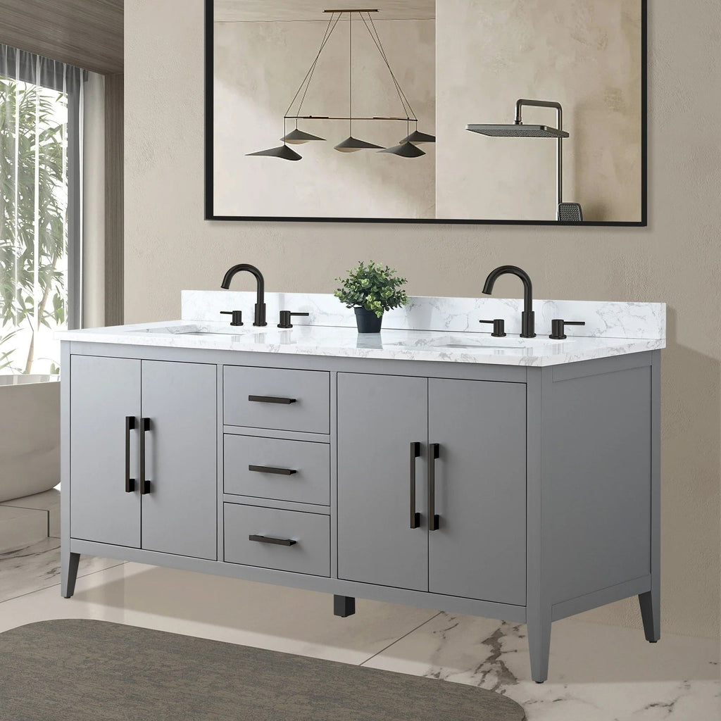 Vanity Art 72 Zoll Badezimmer-Waschtischunterschrank mit Doppelwaschbecken und Kunstmarmorplatte
