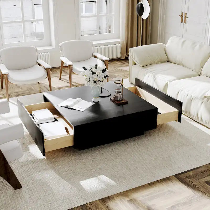 Mid-Century Modern Couchtisch, minimalistischer Couchtisch aus Holzfurnier mit Stauraum für das Wohnzimmer, komplett montiert