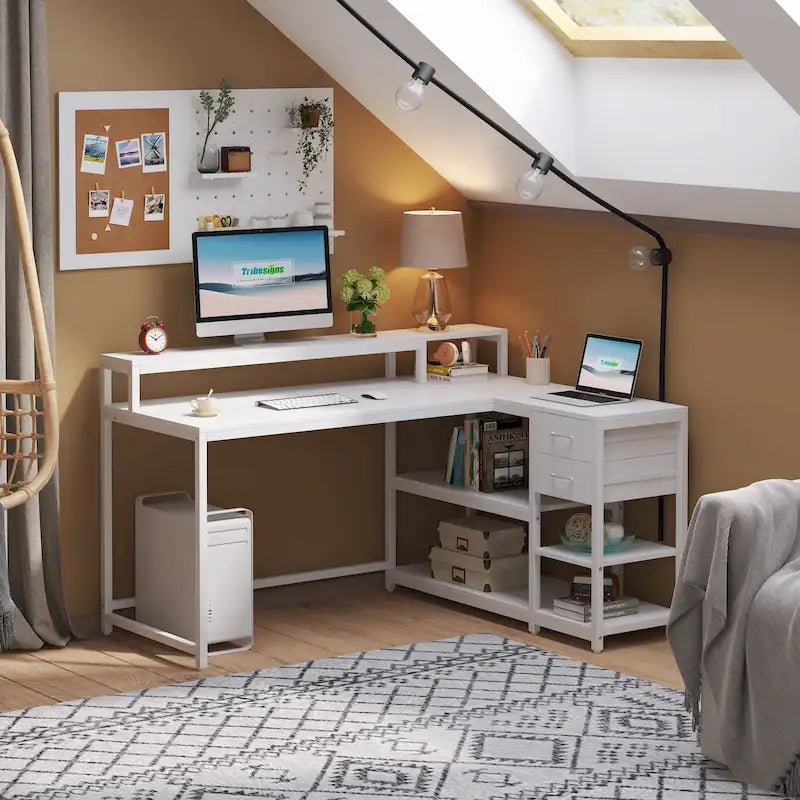 L-förmiger Schreibtisch mit Schublade, Eckschreibtisch für das Home-Office mit Ablagefächern und Monitorständer, rustikaler PC-Tisch für kleine Räume