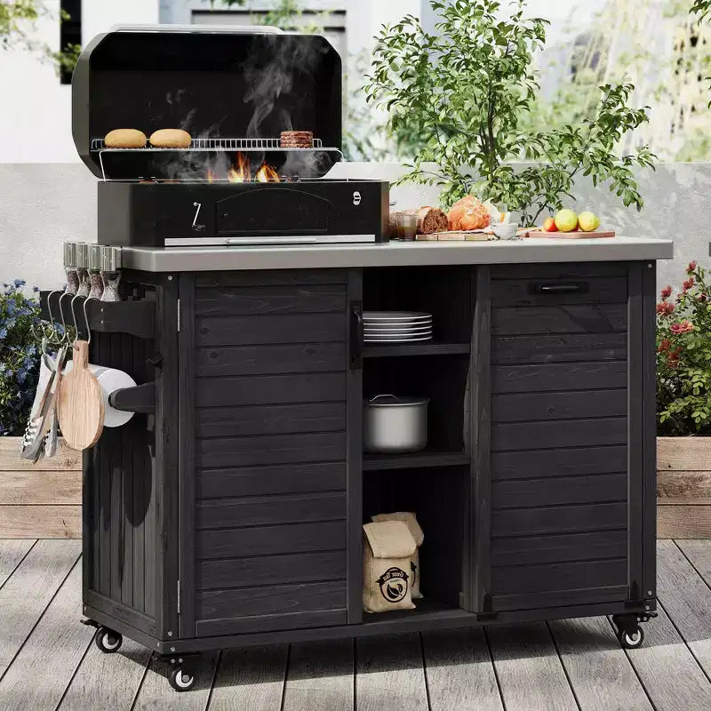 Outdoor-Kücheninsel mit klappbarem Seitentisch, Outdoor-Grillwagen mit Edelstahlplatte, versteckter Müllschrank für Rasen & Garten