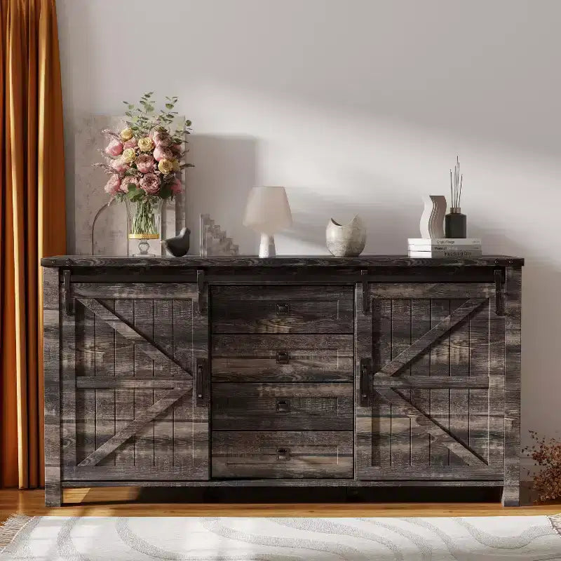 SinCiDo Farmhouse 60-cm-Schminktisch mit verschiebbarer Scheunentür und 4 Schubladen, Schubladenschrank für Wohnzimmer, Schlafzimmer und Kaffeebar