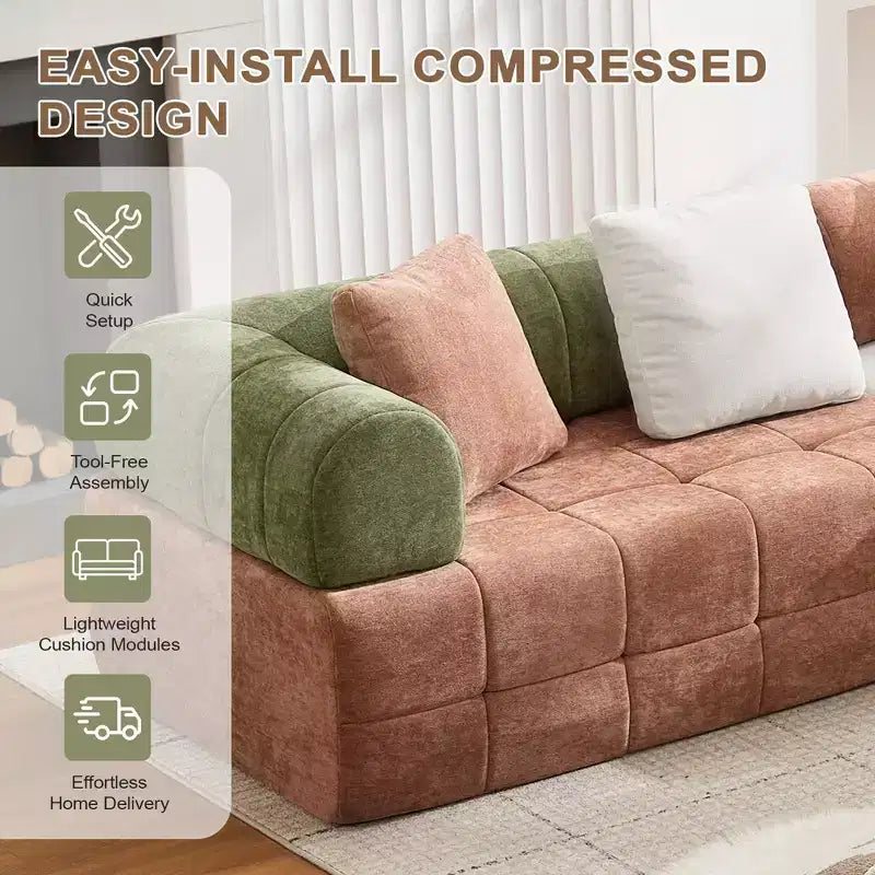 280 cm breites, modulares 4-Sitzer-Sofa aus Chenille im Colorblock-Design mit geschwungenen Armlehnen