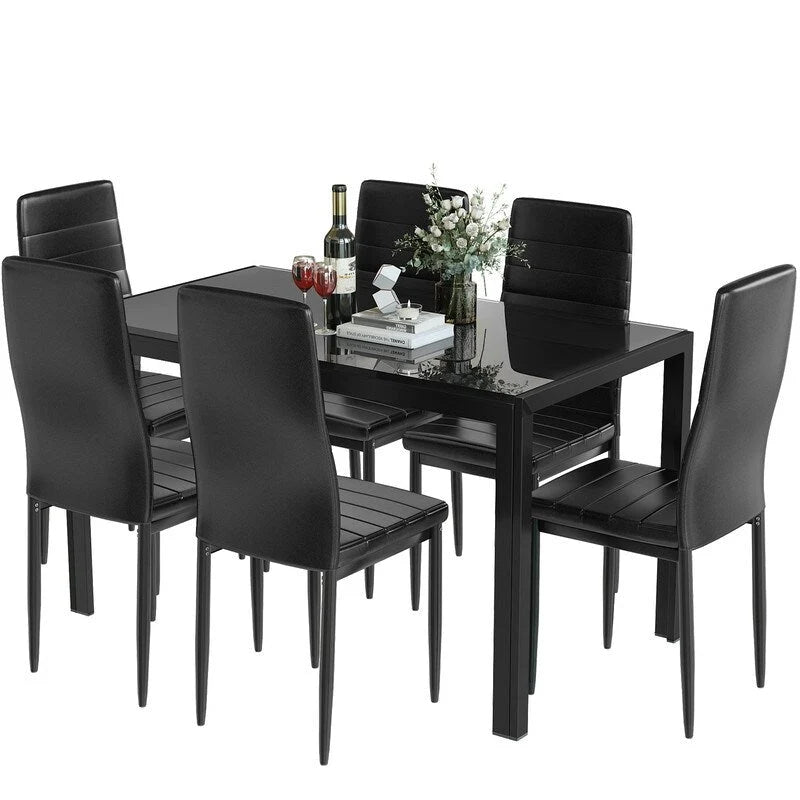 Grondin 7-teiliges Esszimmer-Set im modernen Stil mit Tischplatte aus gehärtetem Glas und 6 Stühlen mit PU-Lederpolsterung