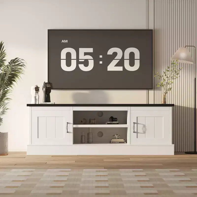 Moderner TV-Schrank für 65-Zoll-Fernseher, rustikales Entertainment-Center aus Holz mit geräumigen Aufbewahrungsschränken, Medienkonsole für Wohnzimmer und Büro