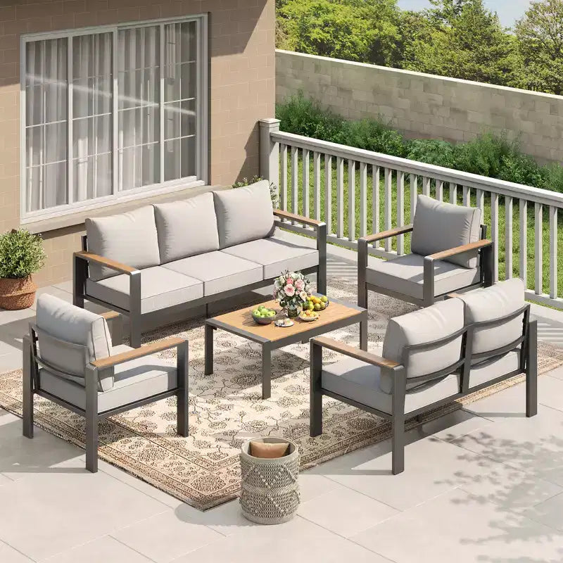 Aluminium-Terrassenmöbel-Set, Outdoor-Ecksofa mit 5 dicken Kissen, 4 Armlehnen & Couchtisch für Garten, Terrasse, Hinterhof