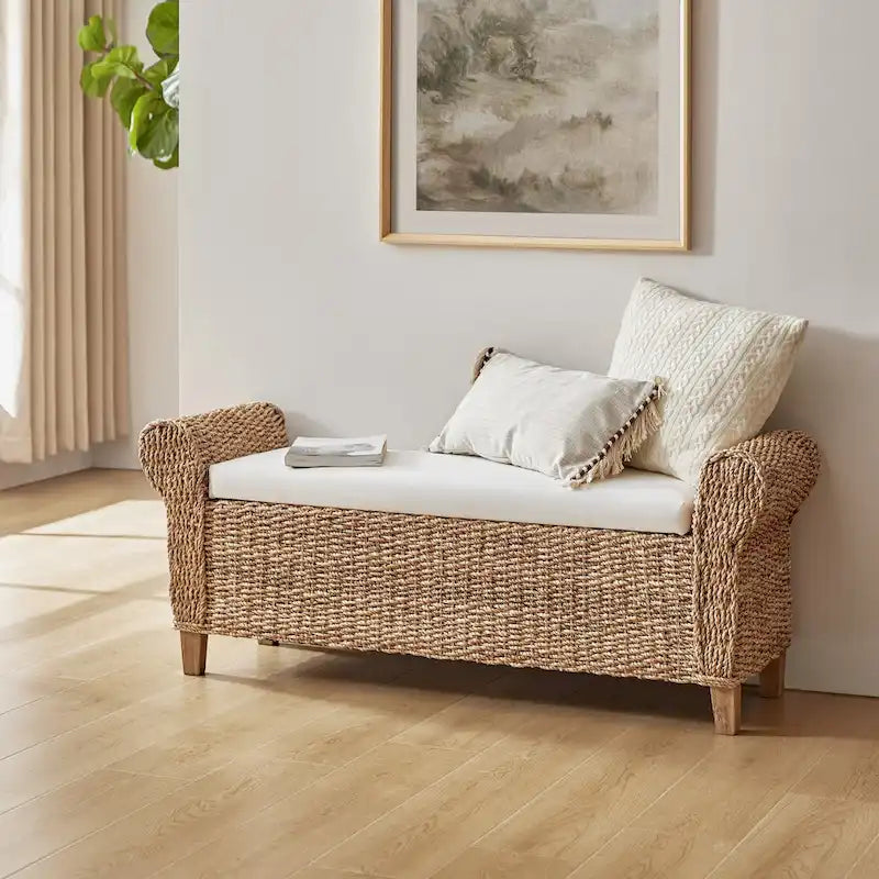 Bab Boho Bauernhaus-Rattan-Aufbewahrungsbank mit durchbrochenen Schnitzereien von HULALA HOME