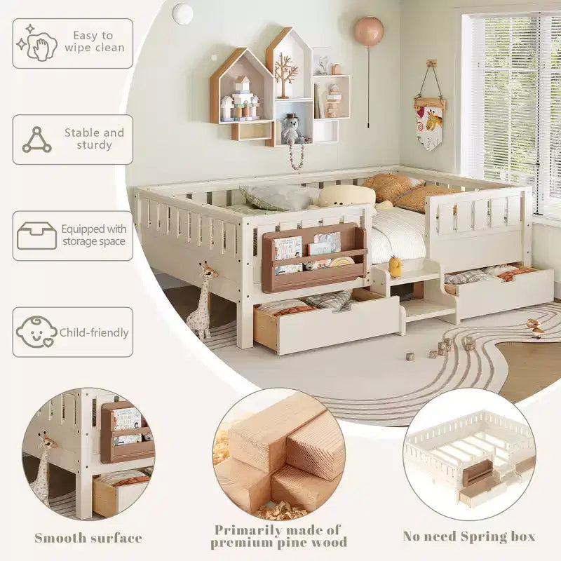 Bellemave Queen-Size-Kleinkindbett mit 14 Sicherheitsgeländern, platzsparender Bettrahmen mit integrierten Bücherregalen & 2 Schubladen unter dem Bett