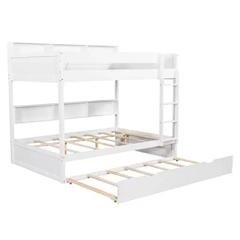 Luxystar modernes Etagenbett mit zwei vollwertigen Liegeflächen, Regalen und Ausziehbett
