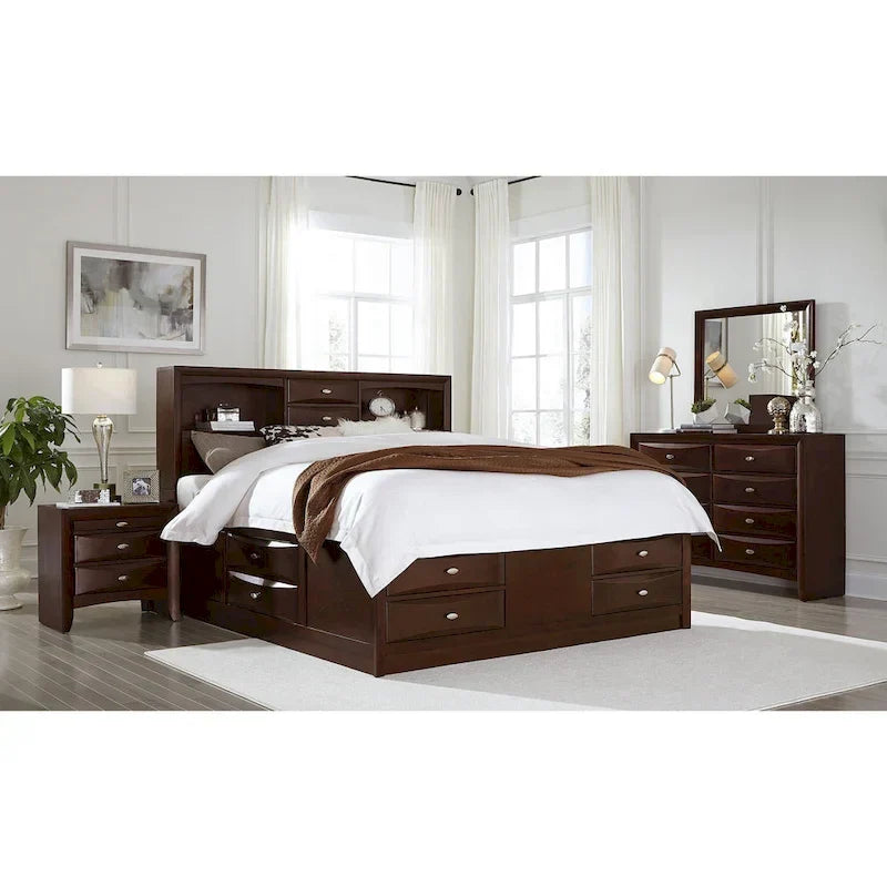 Espressofarbenes Doppelbett aus Massivholz mit acht Schubladen