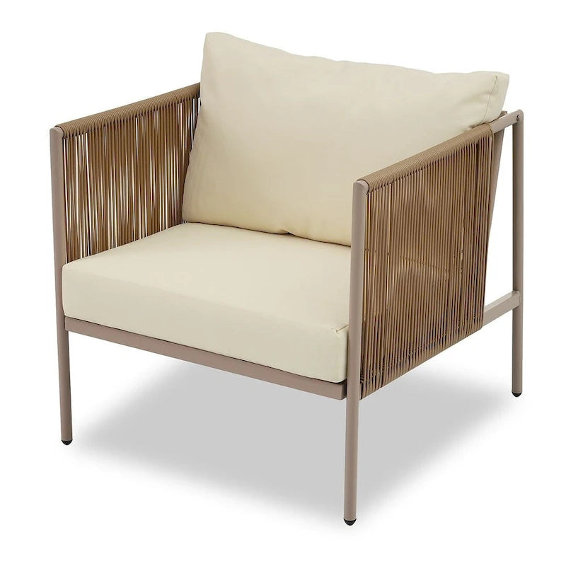 4-teilige Outdoor-Lounge-Garnitur aus Seil für 4 Personen mit Auflagen und Glastisch