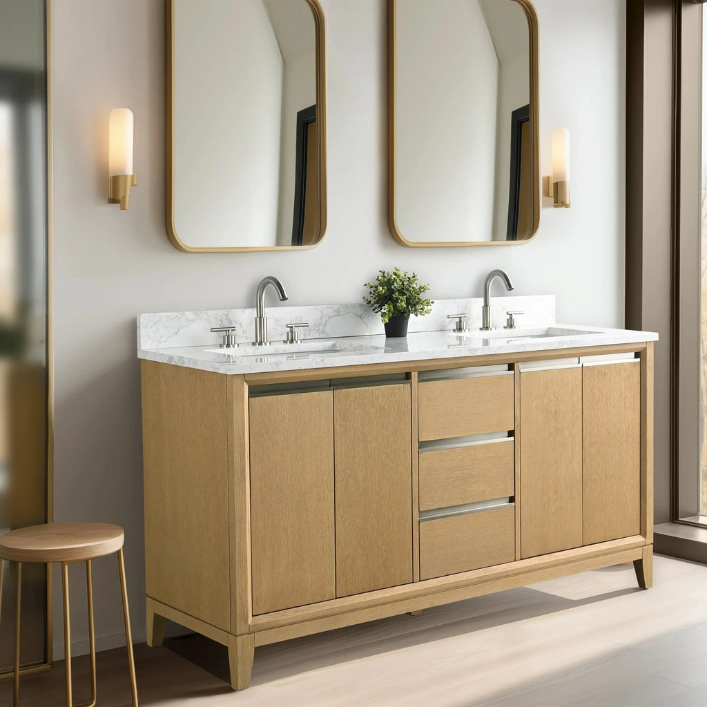 Vanity Art Badezimmerschrank mit Keramikwaschbecken und Platte aus technischem Marmor