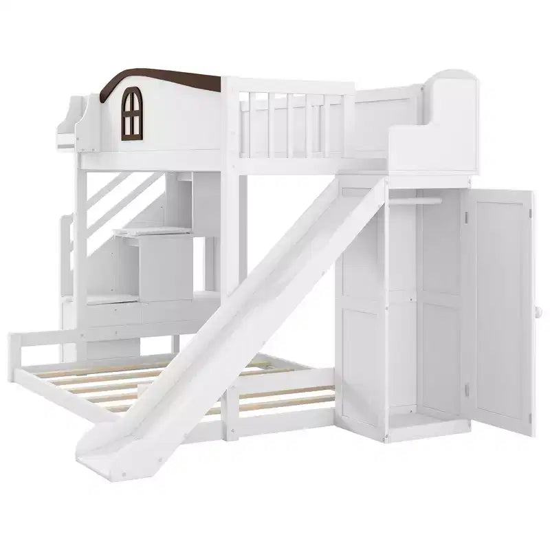 Etagenbett (90x200 cm oben / 140x200 cm unten) mit Rutsche, Regalen, Treppe mit Stauraum und Kleiderschrank für das Kinderzimmer
