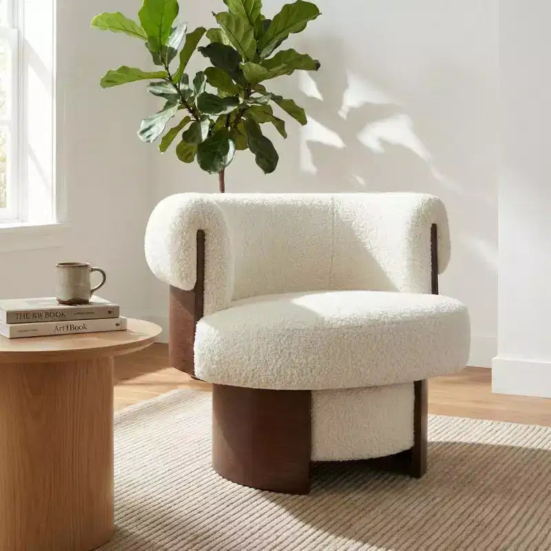 Whisen 360° drehbarer Fasssessel mit skulpturalem Bogenholzdesign, Massivholzrahmen, 32 breit, vielseitig für Wohnzimmer und Schlafzimmer einsetzbar