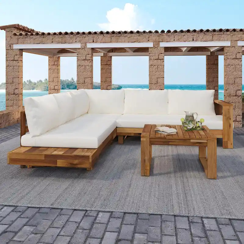 L-förmiges Ecksofa-Set, Terrassen-Sitzgruppe mit Tisch, Lounge-Ecksofa aus Holz, 4-teiliges Outdoor-Sitzgruppen-Set