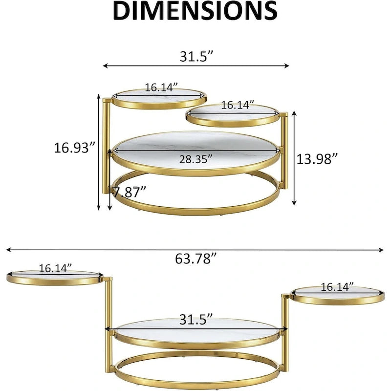Runder Couchtisch aus gehärtetem Glas mit 3 Ebenen und um 360 Grad drehbarer Tischplatte