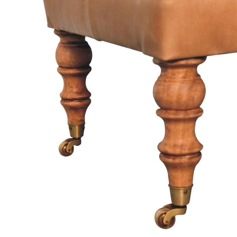 Artisan Furniture Ottomane aus massivem Holz und büffelfarbenem Leder mit Rollenbeinen