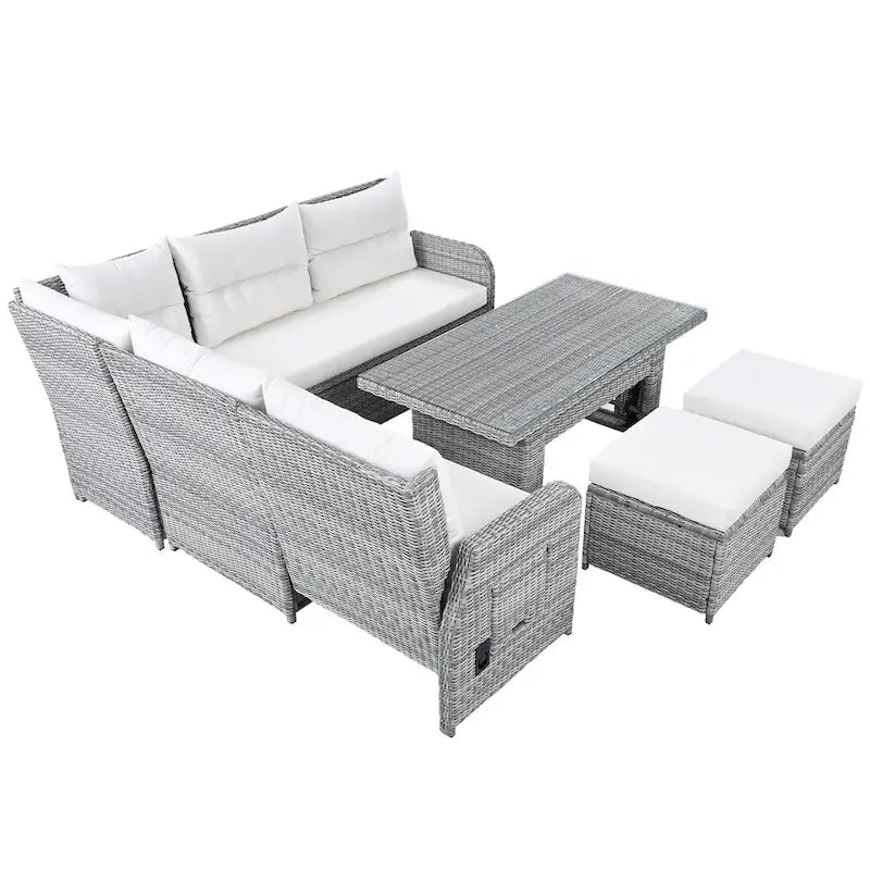 Outdoor-Rattan-Ecksofa-Set mit verstellbarem Tisch und Relaxsesseln