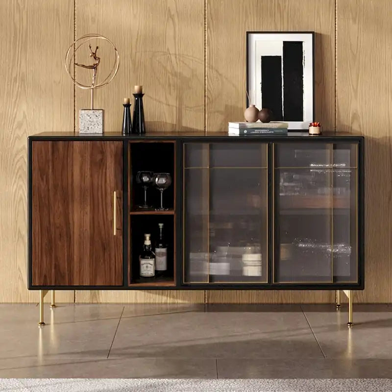 55,12" Mid-Century Modern Sideboard-Buffet, Schrank mit 3 Türen, Rahmen aus mehrschichtigem Massivholz, Walnussfurnier, komplett montiert - 55,12"
