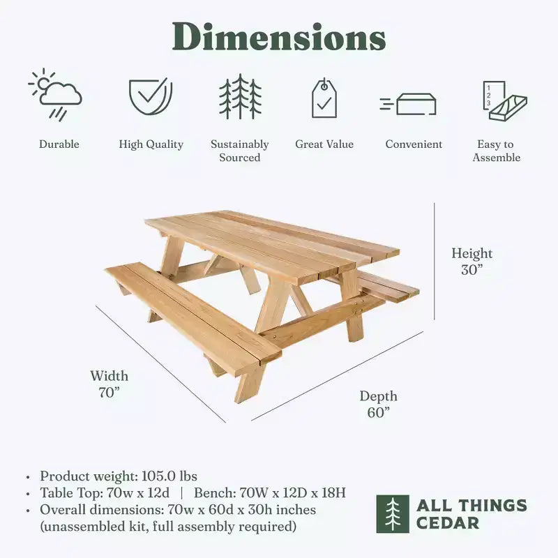 All Things Cedar 183 cm Outdoor-Picknicktisch, handgefertigtes Holz-Gartenbank-Set für Camping, Gartenpartys oder Tailgating, rustikales Zedernholz