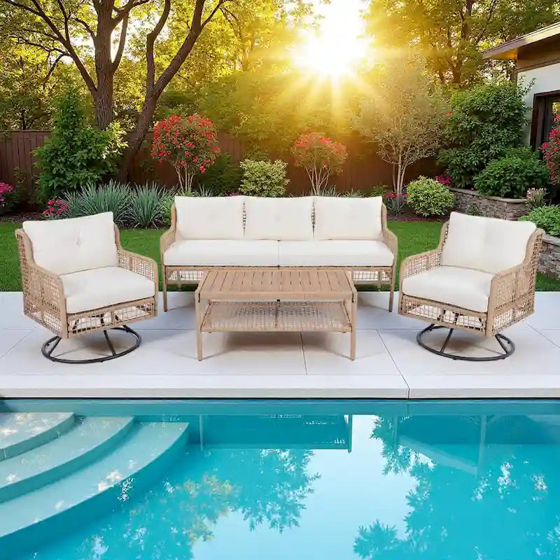 4-teiliges Outdoor-Rattangarniture-Set mit Drehstühlen und Couchtisch