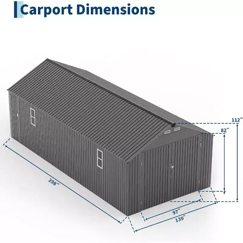 12 × 25 Fuß großer, vollständig geschlossener Metall-Carport mit Vertikaldach und Stahlrahmen