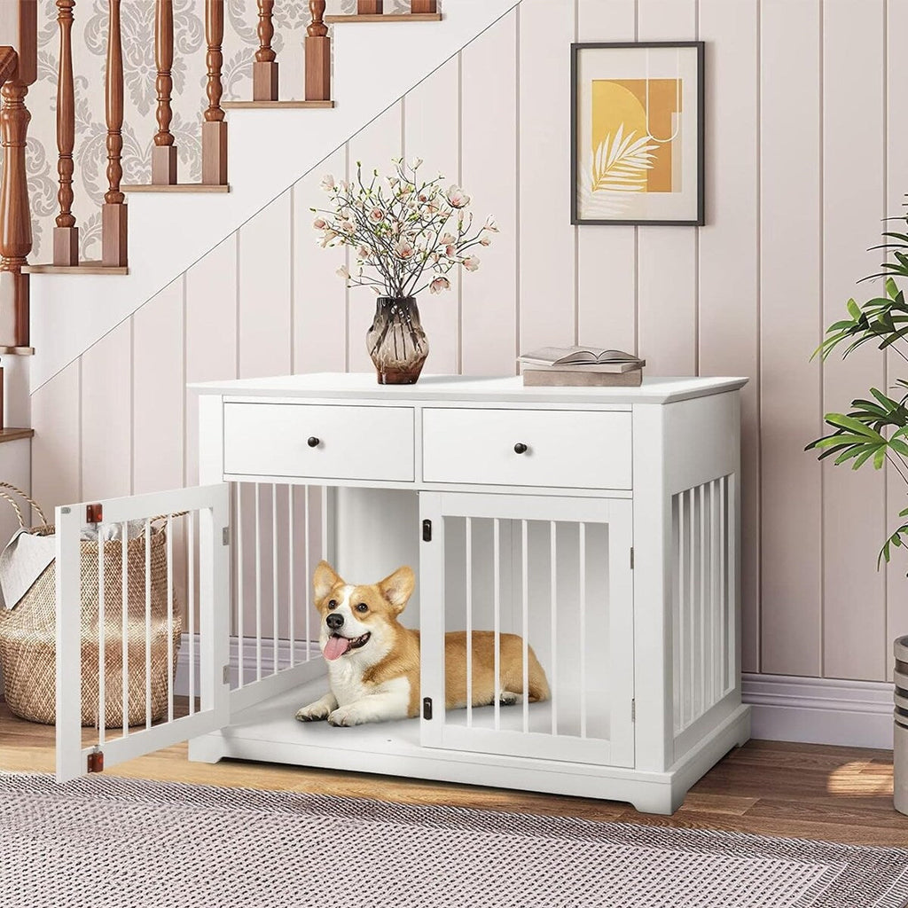 BOSSIN Hundekäfig-Möbel für große Hunde, 112 cm, Hundehütte aus Holz als Beistelltisch mit Schubladen, dekorative Hundeboxen- und Hundehütten-Optik