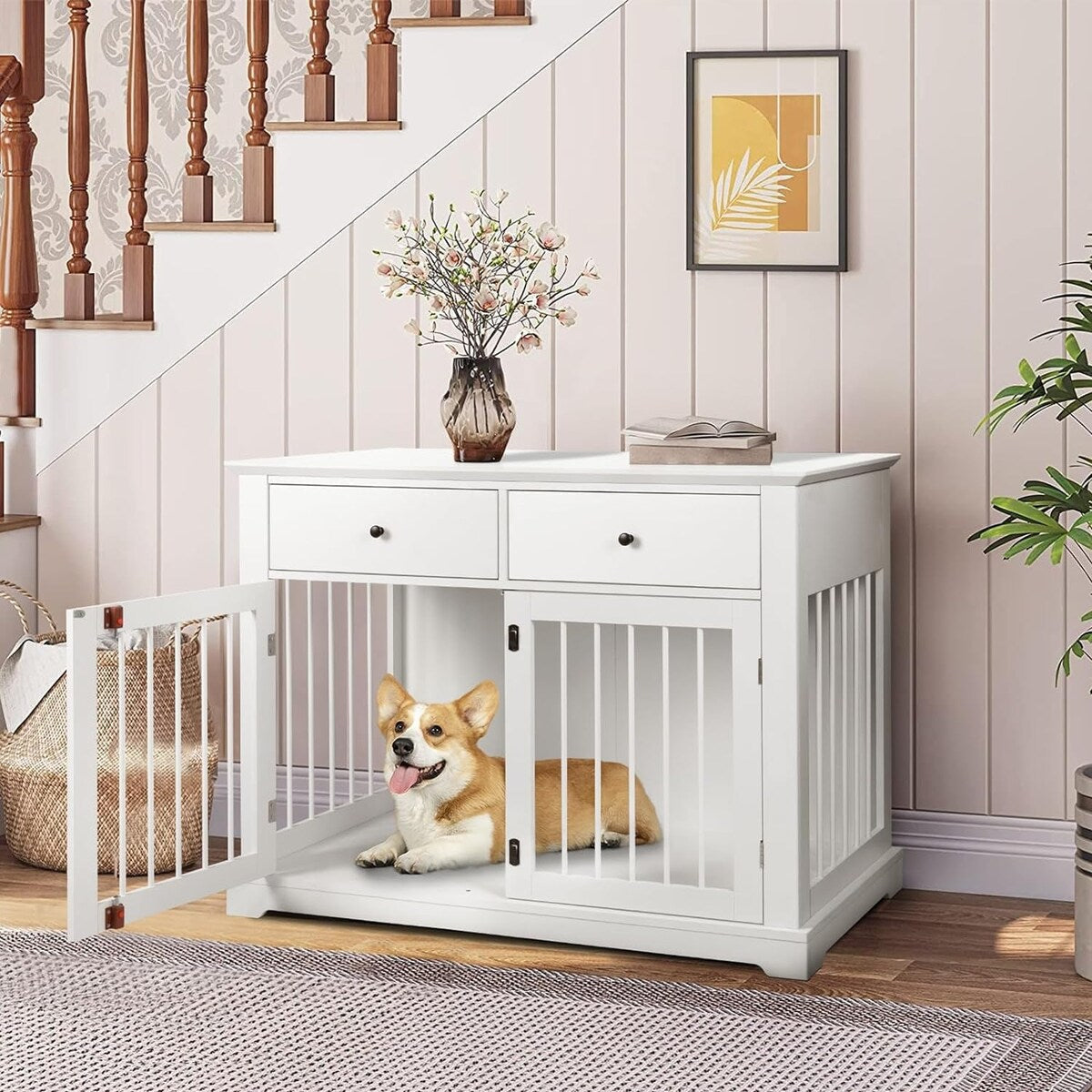 BOSSIN Hundekäfig-Möbel für große Hunde, 112 cm, Hundehütte aus Holz als Beistelltisch mit Schubladen, dekorative Hundeboxen- und Hundehütten-Optik