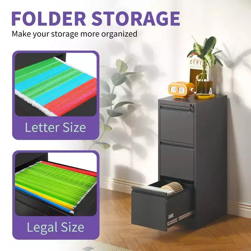 VIYET 52H Aktenschrank aus Metall mit 3 Schubladen und Schloss, vertikaler Stahl-Aktenschrank fürs Homeoffice, passend für A4-, Legal- und Letter-Format