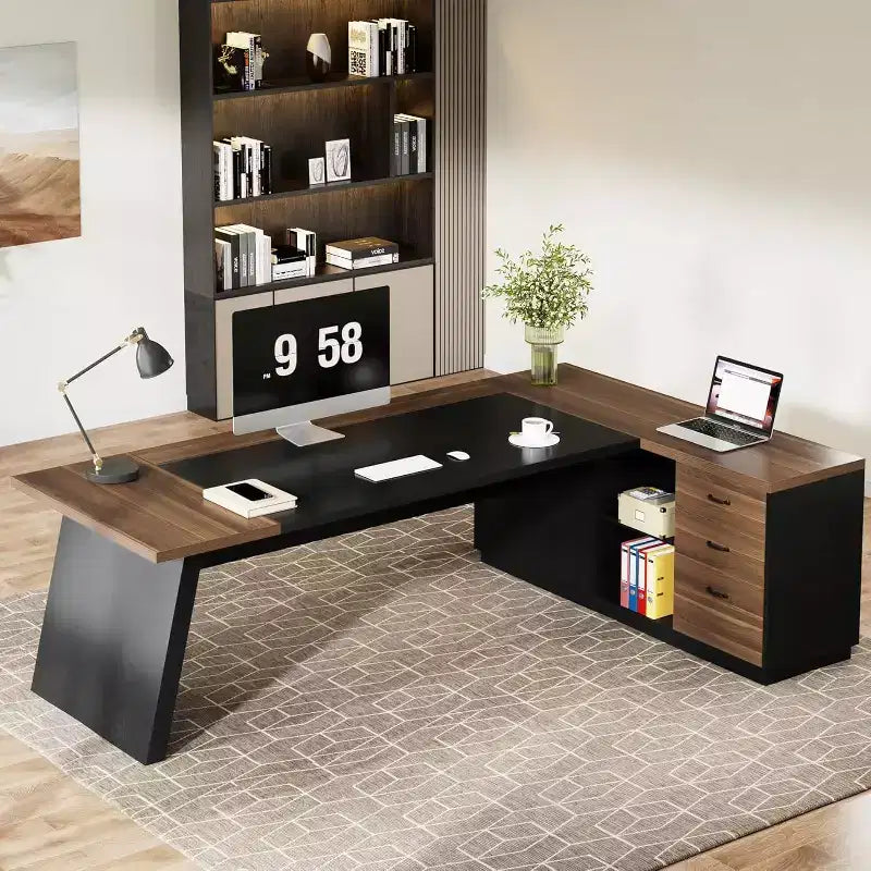 Lantine Modern 78 L-förmiger Chefschreibtisch mit Schubladen und seitlichem Aktenschrank