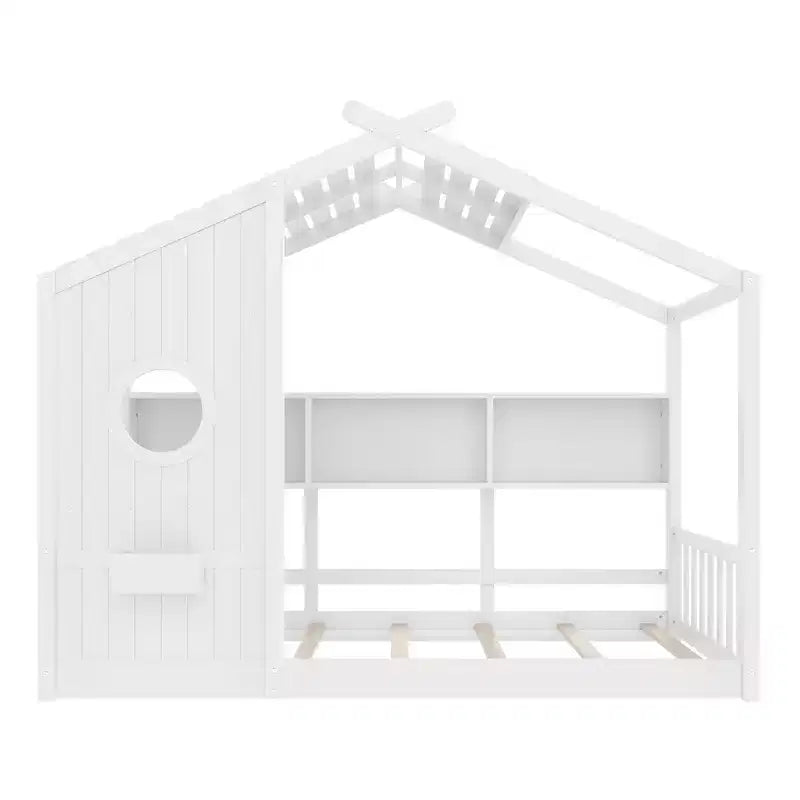 Bodenbett für Kinder in Twin-Größe, Montessori-Hausbett mit Ablagefach und Dachdesign