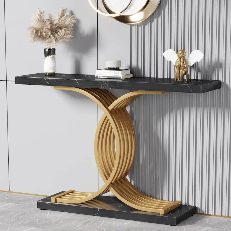 Schwarzer/goldener moderner Konsolentisch mit Marmoroptik-Tischplatte, 99 cm breiter Holztisch für den Eingangsbereich mit geometrischen Metallbeinen