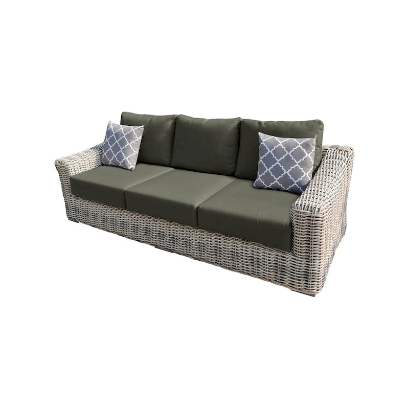 Teva Hawaii Dreifarbiges Gartenmöbel-Sofa aus Korbgeflecht in Grau/Cremeweiß/Beige mit Kissen