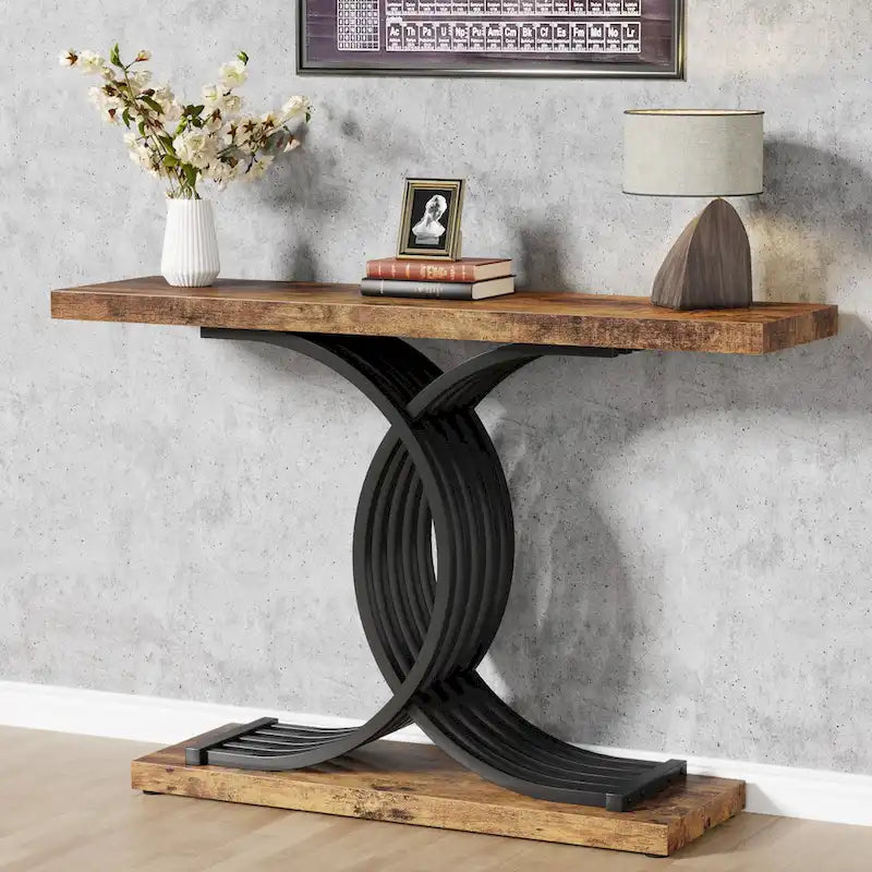 Schwarzer/goldener moderner Konsolentisch mit Marmoroptik-Tischplatte, 99 cm breiter Holztisch für den Eingangsbereich mit geometrischen Metallbeinen