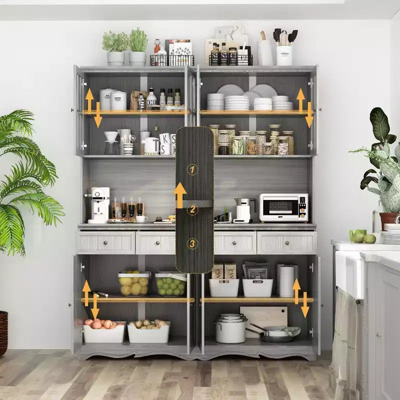 Famapy 155,4 cm grauer Buffetschrank mit Aufsatz, Küchenschrank mit verzierter Sockelleiste: Eine Verbindung von Eleganz und Nutzen