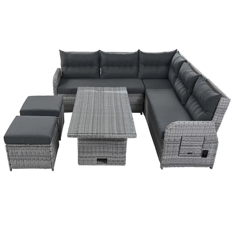 Outdoor-Rattan-Ecksofa-Set mit verstellbarem Tisch und Relaxsesseln