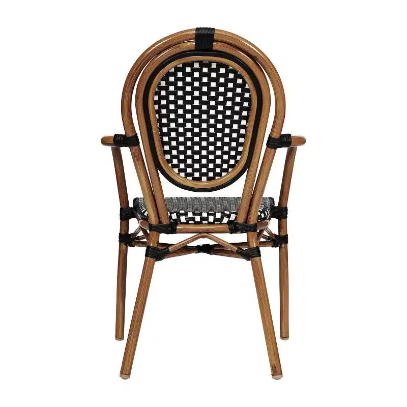 Flash Furniture 4er-Set Lourdes Indoor/Outdoor Gastro-Bistro-Stapelstuhl mit Armlehnen im Thonet-Stil, PE-Rattan und Aluminiumgestell