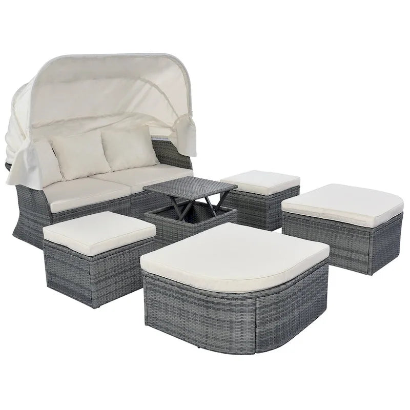 Graues Outdoor-Tagesbett aus Korbgeflecht mit Polstern und ausziehbarem Sonnendach