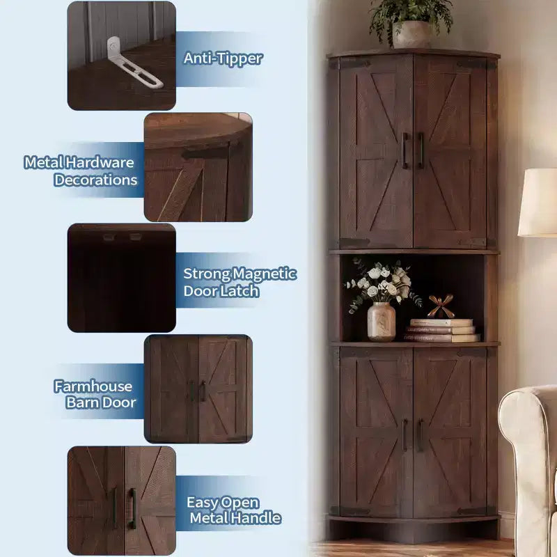164,6 cm hoher Eckschrank mit Türen, brauner Eckschrank im Landhausstil, freistehender Eckvorratsschrank mit verstellbaren Einlegeböden
